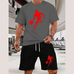 Conjunto de Camiseta de Algodón Tejido para Hombre con Pantalones Cortos de Baloncesto con Estampado Digital, Cuello Redondo, Manga Corta, Atuendo Casual de Verano - Product Image 1