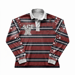 <b>Mens</b> Rugby Shirt GSM Cotton Polyester Blend Red Black Striped <b>Studded</b> Sleeve Panels Custom Print Logo <b>for</b> <b>Men</b> Rugby Polo Shirts - Product Image 1
