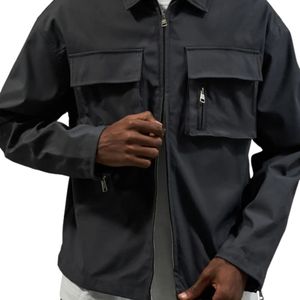 Men Technical Long Sleeve Zip Shirt Utility Cargo Pocket Casual Streetwear <b>Jacket</b> <b>Grey</b> OEM Wholesale Supply - Product Image 3