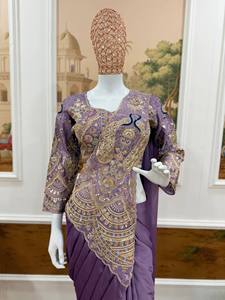 Hermoso Sari de Seda Chinon con Motivos Artesanales, Corpiño Cosido, Ajuste Rápido en Un Minuto, Atuendo Étnico para Mujer, Conjunto para Ceremonia - Product Image 5