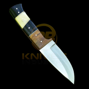 Cuchillo de caza y camping de hoja fija de acero de Damasco hecho a mano, cuchillo de desollado para exteriores de espiga completa con mango de madera y hueso, DIY OEM - Product Image 3