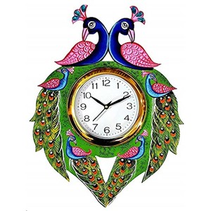 Handcrafted Traditional Peacock Wall <b>Clock</b> Wood <b>Hand</b>-Painted Blue/Green Wholesale India - Product Image 3