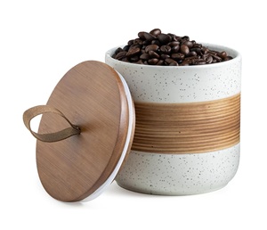 Premium Ceramic Coffee Canister Wooden <b>Lid</b> Speckled Glaze Airtight Storage Jar Freshness Keeper Kitchen Counter <b>Decor</b> - Product Image 2