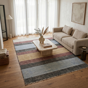 Tapis en laine rayé rose poussière, bleu gris, ivoire, écologique, antidérapant, à blocs de couleur doux, pour salon, chambre, hôtel - Product Image 3