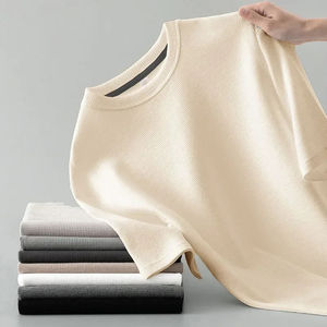 Camiseta de Verano Estilo Coreano para Hombre, Camiseta de Manga Corta con Textura Waffle, Color Sólido, Cuello Redondo, Informal y a la Moda - Product Image 6