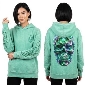 Custom Mint Green Hoodie Women Mineral Wash Fleece Pullover Crystal Skull Graphic Print Cracked Sleeve <b>Aesthetic</b> Streetwear <b>Top</b> - Product Image 1