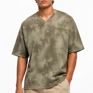 Men V-Neck <b>Tie</b>-Dye Oversized Short Sleeve T-Shirt <b>Knitted</b> Casual Style Camouflage Pattern Regular Length T Shirt For Men - Product Image 1