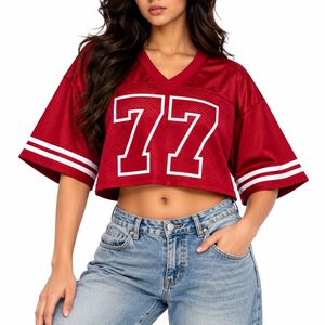 Camiseta de Fútbol Corta Roja de Malla para Mujer, Número 77, Estilo Universitario, Ropa Urbana, Fabricante OEM ODM, Venta al Por Mayor - Product Image 1