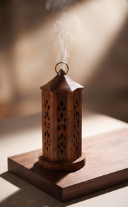 Natural Wood <b>Incense</b> <b>Cone</b> Holder Diamond Cutout Lantern Tower Burner Ash Catcher with Ring Handle - Product Image 2