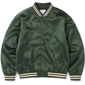 เสื้อแจ็คเก็ตวาร์ซิตี้ผ้าซาตินสีเขียวเข้มสำหรับผู้ชาย แจ็คเก็ตเบสบอลคลาสสิกแบบมีกระดุมแป๊ก แจ็คเก็ตเลตเตอร์แมนผ้าไหมเงาสีเขียวฟอเรสต์ - Product Image 1