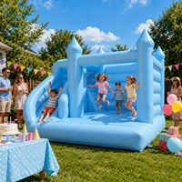 Château gonflable bleu avec toboggan, pour enfants, location pour fêtes en plein air, usage commercial, design personnalisé