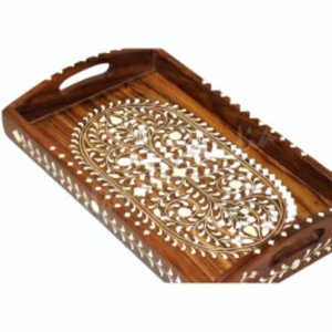 Plateau de service rectangulaire en bois de Sheesham avec incrustations en os, style marocain, motif floral, pour la maison et la cuisine - Product Image 1