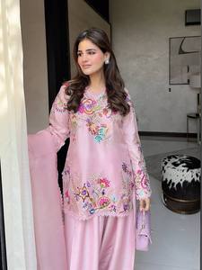 Conjunto de Traje Salwar Farshi Rosa Bordado, Crepé de Seda Reversible, Elástico, Sin Arrugas, para Fiestas y Bodas, para Mujer - Product Image 2