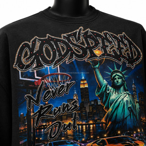เสื้อยืดโอเวอร์ไซส์สีดำพิมพ์ลายสตรีทแวร์ Godspeed Never Runs Out สำหรับผู้ชาย แขนสั้น คอกลม ผ้าฝ้าย 100% - Product Image 6