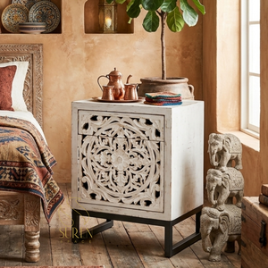 White Carved Wood Nightstand <b>Rustic</b> Side Table Storage <b>Cabinet</b> Bedroom End Table Living Room Furniture - Product Image 1