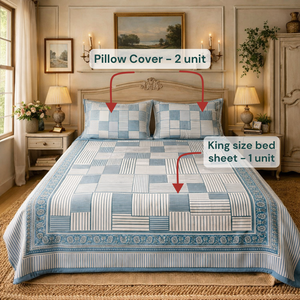 Juego de Sábanas de 3 Piezas, 100% Algodón, Estampado Indio Blanco y Azul, Impresión a Mano, Tamaño King (90x108"), 200 Hilos, Calidad Premium - Product Image 6