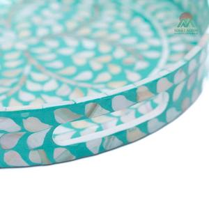 Handcrafted Round Mother Of Pearl Inlaid <b>Tray</b> Bohemian Floral Design Decorative Serving Platter - Product Image 5