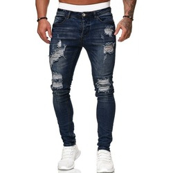 Jeans Skinny Homme Bleu Moyen de Haute Qualité OEM/ODM avec Logo Personnalisé, Motif Imprimé Hip Hop Streetwear et Trous Déchirés à la Taille avec Logo - Product Image 4