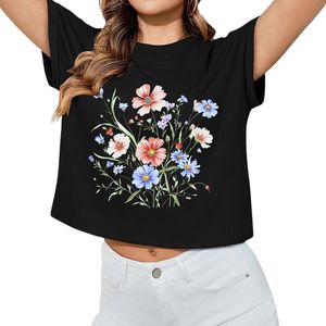 Custom <b>Garden</b> Flower Black <b>T</b> <b>Shirt</b> Cotton Spandex Stretch Fabric Short Sleeve Crewneck Casual Cropped <b>Shirts</b> - Product Image 1