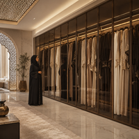 Dressing sur mesure de luxe pour chambre à coucher, avec cadre en aluminium, porte vitrée battante, du sol au plafond, pleine hauteur, gain de place pour villa