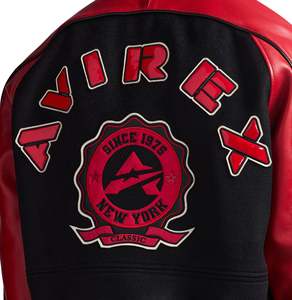 Avirex <b>Men's</b> Black Red Varsity <b>Jacket</b> Leather Embroidered Logo Front Zipper Casual Autumn Wear Bright Red Leather Mix of Passion - Product Image 4