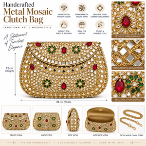 Conifer Handcrafted <b>Mosaic</b> Clutch Bag Embellished Evening Purse <b>Mirror</b> Work Beads Rhinestones Indian Artisan Fashion FLAP - Product Image 6