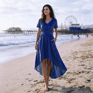 Low MOQ Handmade Organic Linen V-Neck Midi Breathable Plain Dyed A-Line Flowy Summer Beach Dress with Pockets for Women - Product Image 2