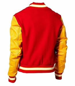 Men's Red Solid Motorcycle Jacket Yellow Leather Sleeves Embroidered M Logo Casual Winter Wear Stand Collar <b>Covered</b> <b>Button</b> - Product Image 2