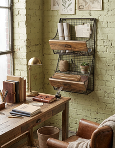 best quality Wall <b>Shelf</b> Iron/wd Double Wall Magazine <b>Rack</b> Metal / Mango Wood Natural Finish Furniture collection wholesale price - Product Image 1