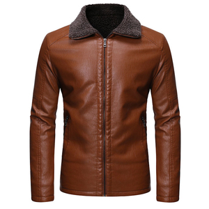 Men's <b>Brown</b> PU Leather Jacket Zipper Closure Faux Fur Lining Windproof Moto Biker Style Winter Wear - Product Image 1