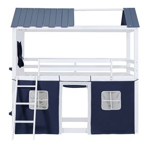 Elegante Letto a Castello Singolo con Finestre Blu-Bianche e Tenda - Letto a Casetta in Legno per Bambini - Product Image 3