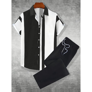 Conjunto de Camisa de Manga Corta con Bloques de Color para Hombre, Pantalones a Rayas Blancos y Azules, Traje de Dos Piezas Informal de Verano - Product Image 2