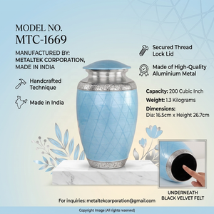 Decorative Sky Blue Metal Urn Adult Ashes Funeral Urns Custom Handcrafted Aluminium Cremation Urn Wholesale Manufacturer of Urns - Product Image 3