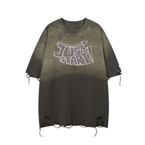 Camiseta Unisex Verde Oliva Oversize con Detalles Recortados y Estampado 'Just Start', Cuello Redondo, Corte Holgado, Estilo Urbano, OEM - Product Image 3