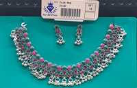 Ensemble de bijoux indiens en argent oxydé, collier ras-du-cou et boucles d'oreilles, avec pierres roses et vertes, style Ghungroo tribal, vente en gros