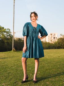 <b>Boho</b> Loose Midi <b>Dress</b> With Tie Neck Puff Sleeve 100% Linen Woven Solid Color Breathable Daily Wear <b>Summer</b> Casual <b>Dress</b> - Product Image 2