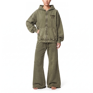 Custom High Quality <b>Women</b>’s Acid Wash Full Zip Hoodie Wide Leg <b>Flared</b> <b>Jogger</b> Relaxed Fit Distressed Cotton Fleece Tracksuit - Product Image 6