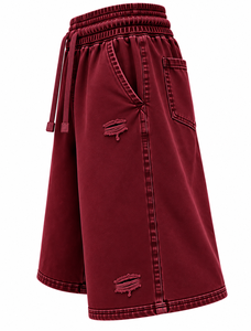 Burgundy Double Waist 3/4 Sweat <b>Shorts</b> with <b>White</b> Drawstrings Oversized Streetwear ganymede international - Product Image 3