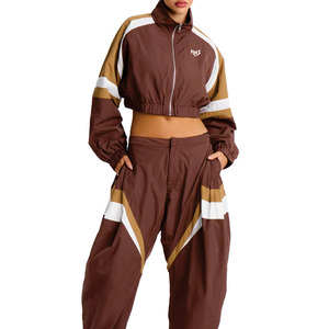 Custom Women Cropped Windbreaker Tracksuit <b>Set</b> OEM Zip Up Jacket and Pants Lightweight Streetwear Activewear Bulk Hoodies Supply - Product Image 1