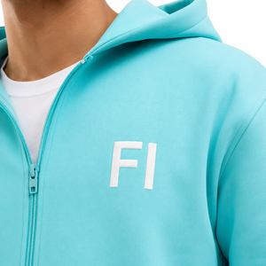 Sweat-shirt à capuche zippé turquoise pour homme en coton French Terry avec poche et logo – Ensemble décontracté d'été avec short – Fournisseur - Product Image 5