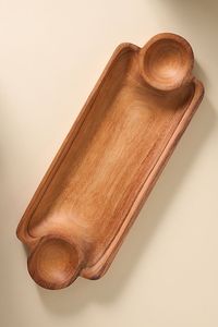 Latest Wooden Snack Serving Tray With Double Bowl Design Natural Wood Platter Kitchen Dining Table Food Serving Tray - Product Image 4