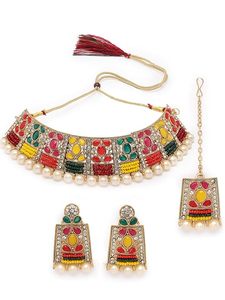 Parure de bijoux plaqué or avec collier long et boucles d'oreilles en alliage, ornée de perles, design temple indien du Sud, pour femme, idéale pour mariage et soirée, bijoux de mode ethniques - Product Image 4