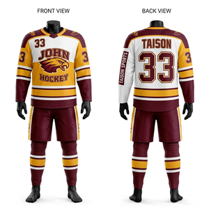 Uniforme de hockey sur glace en polyester premium 260 GSM, design à panneaux crème et bordeaux, respirant, durable, sublimation, logo personnalisé - Product Image 3