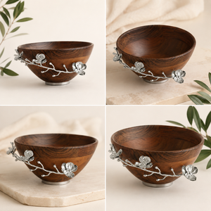 Handcrafted Premium Wooden Salad Bowl with Silver Metal Orchid Flower Accent Elegant Solid Wood Serving Bowl for <b>Wedding</b> Gifts - Product Image 5