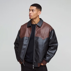 Chaqueta Bomber Western de Cuero Genuino para Hombre, Dos Tonos, Cierre Frontal con Cremallera, Dobladillo Acanalado, Logotipo Personalizado, Hecho a Medida, Precio de Fábrica - Product Image 1