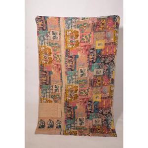 Hand <b>Stitched</b> Cotton Reversible Kantha Gudri Quilt Traditional Indian Bed Cover <b>Throw</b> Blanket - Product Image 1