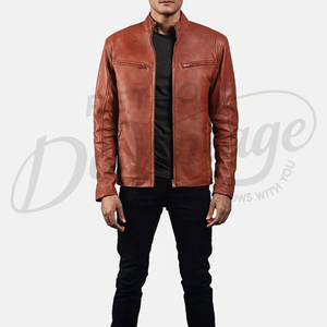 Chaqueta de cuero premium color camel para hombre, estilo racer, piel de oveja auténtica, corte ajustado, cuello alto, con cremallera, estilo motociclista. - Product Image 3