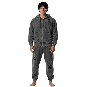 Men's Acid Wash Distressed Tracksuit <b>Full</b> <b>Zip</b> <b>Hoodie</b> Sweatpants Set Solid Color Casual Streetwear Breathable Eco-Friendly - Product Image 6