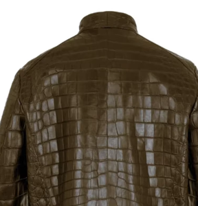 Chaqueta de Cuero PU con Estampado de Cocodrilo Marrón para Hombre, Cuello Alto, Cierre Frontal con Cremallera, Corte Ajustado Informal, Forro de Poliéster Transpirable para Invierno - Product Image 3