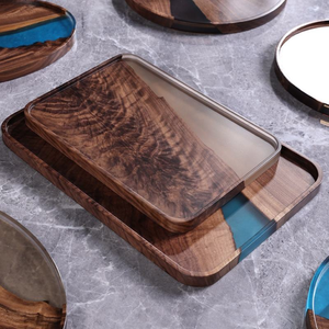 Eco-friendly Walnut Wood Resin Round Tray Set High Quality <b>Breakfast</b> Snack Tray for Desk and Household Use - Product Image 6
